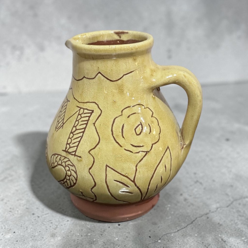 Vintage Colonial Williamsburg Pottery Pitcher Yellow Folk Art 5"